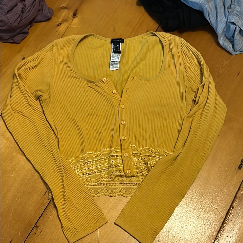 Forever 21 Mustard Button-Up Lace Top